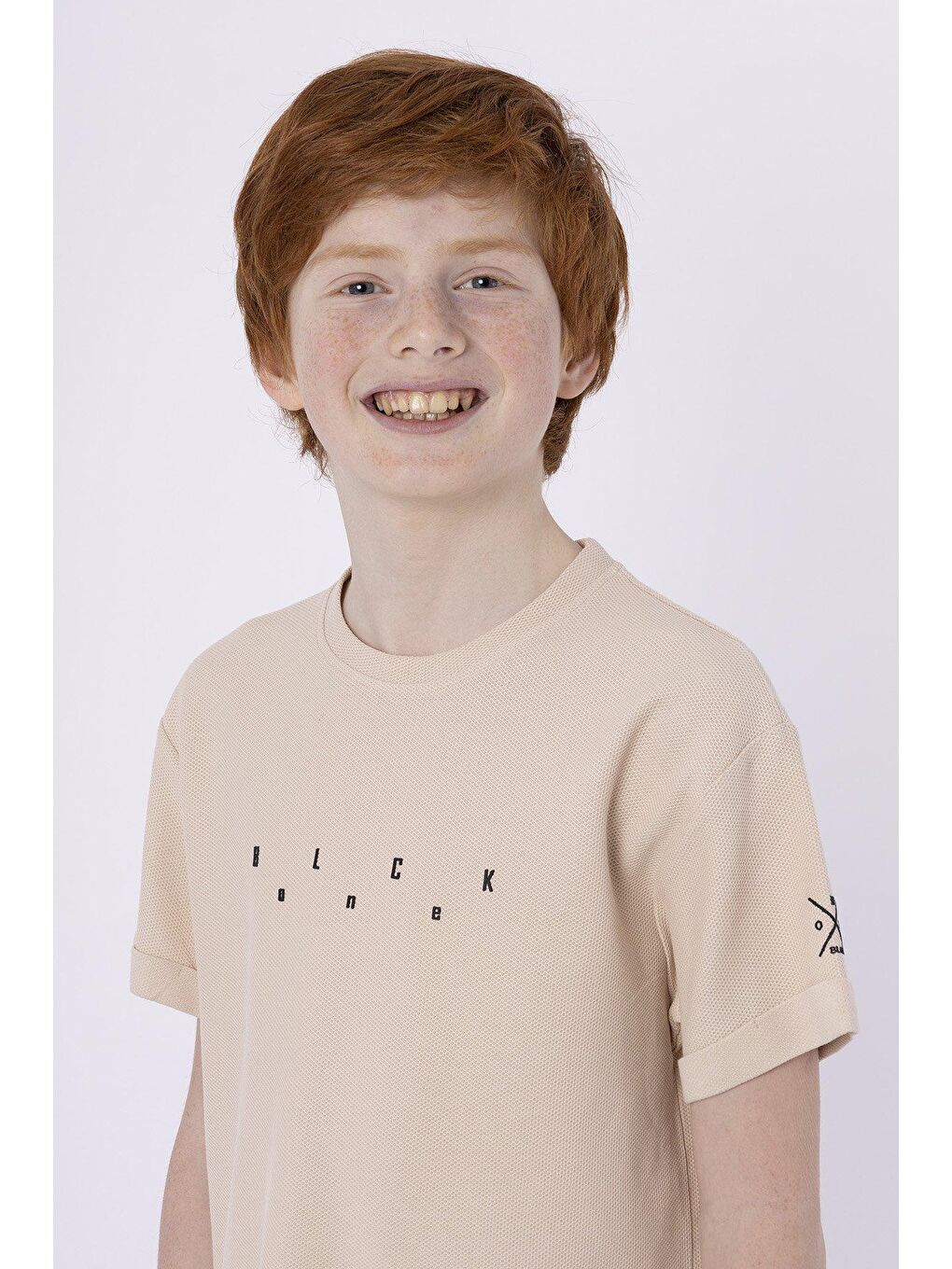 Bej Baskılı Cep Detaylı Erkek Çocuk Yazlık Bisiklet Yaka T-shırt-2