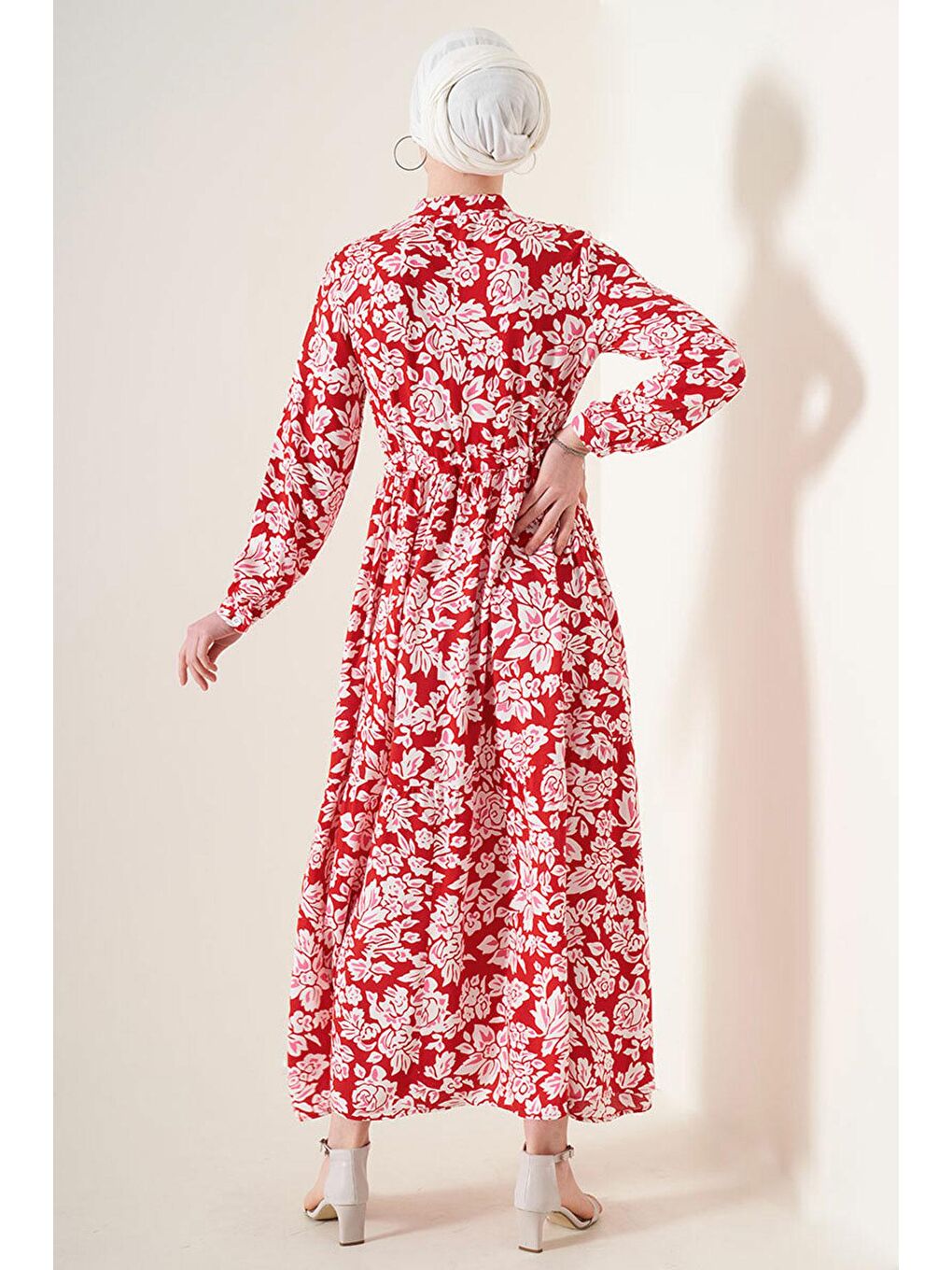 Kırmızı 2144 Hakim Yaka Tesettür Elbise - Nar-3