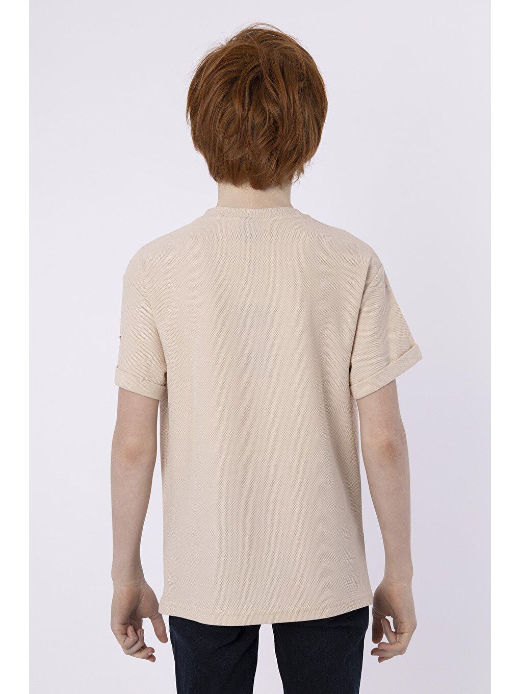 Bej Baskılı Cep Detaylı Erkek Çocuk Yazlık Bisiklet Yaka T-shırt-4