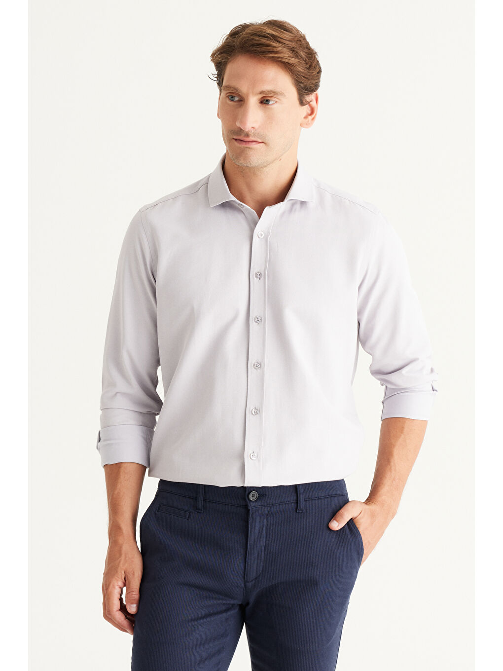 Erkek Gri Kolay Ütülenebilir Slim Fit Dar Kesim İtalyan Yaka Armürlü Basic Gömlek-1