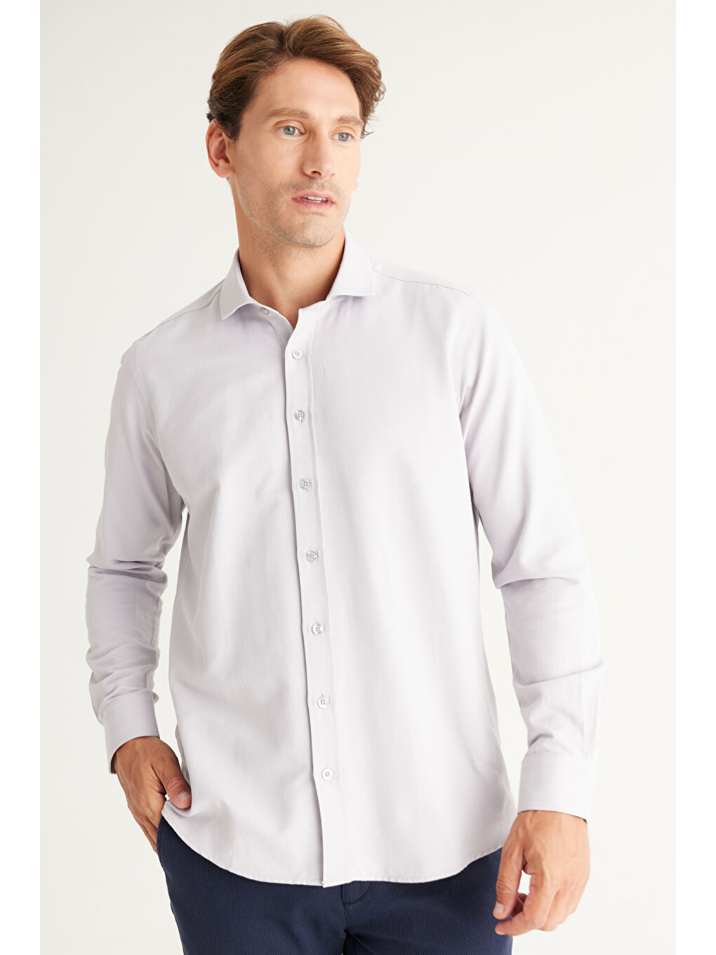 Erkek Gri Kolay Ütülenebilir Slim Fit Dar Kesim İtalyan Yaka Armürlü Basic Gömlek-5