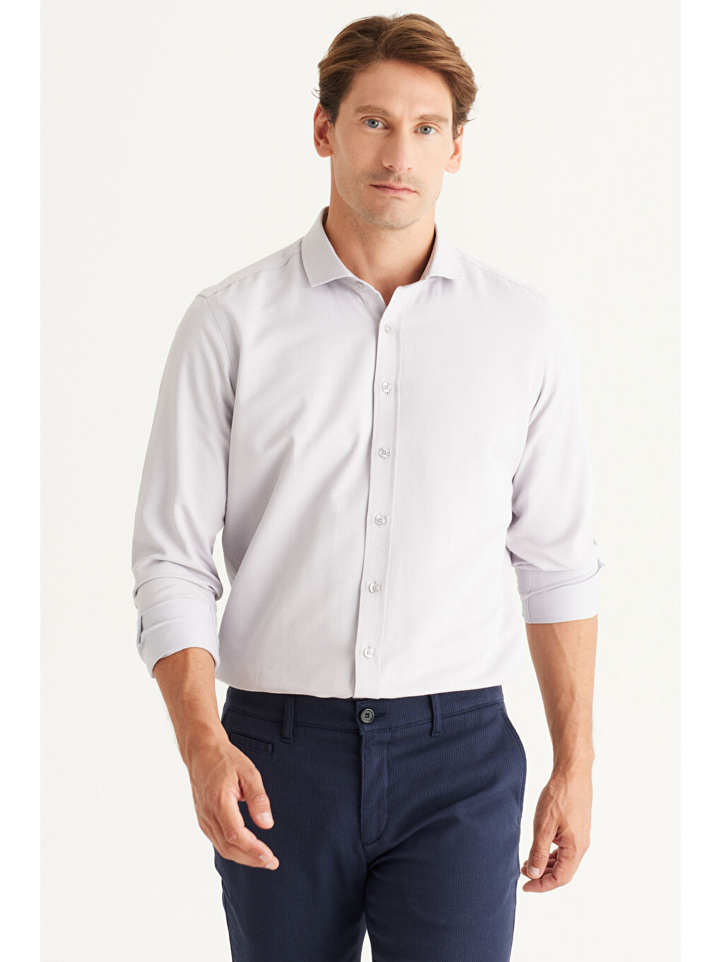 Erkek Gri Kolay Ütülenebilir Slim Fit Dar Kesim İtalyan Yaka Armürlü Basic Gömlek-6