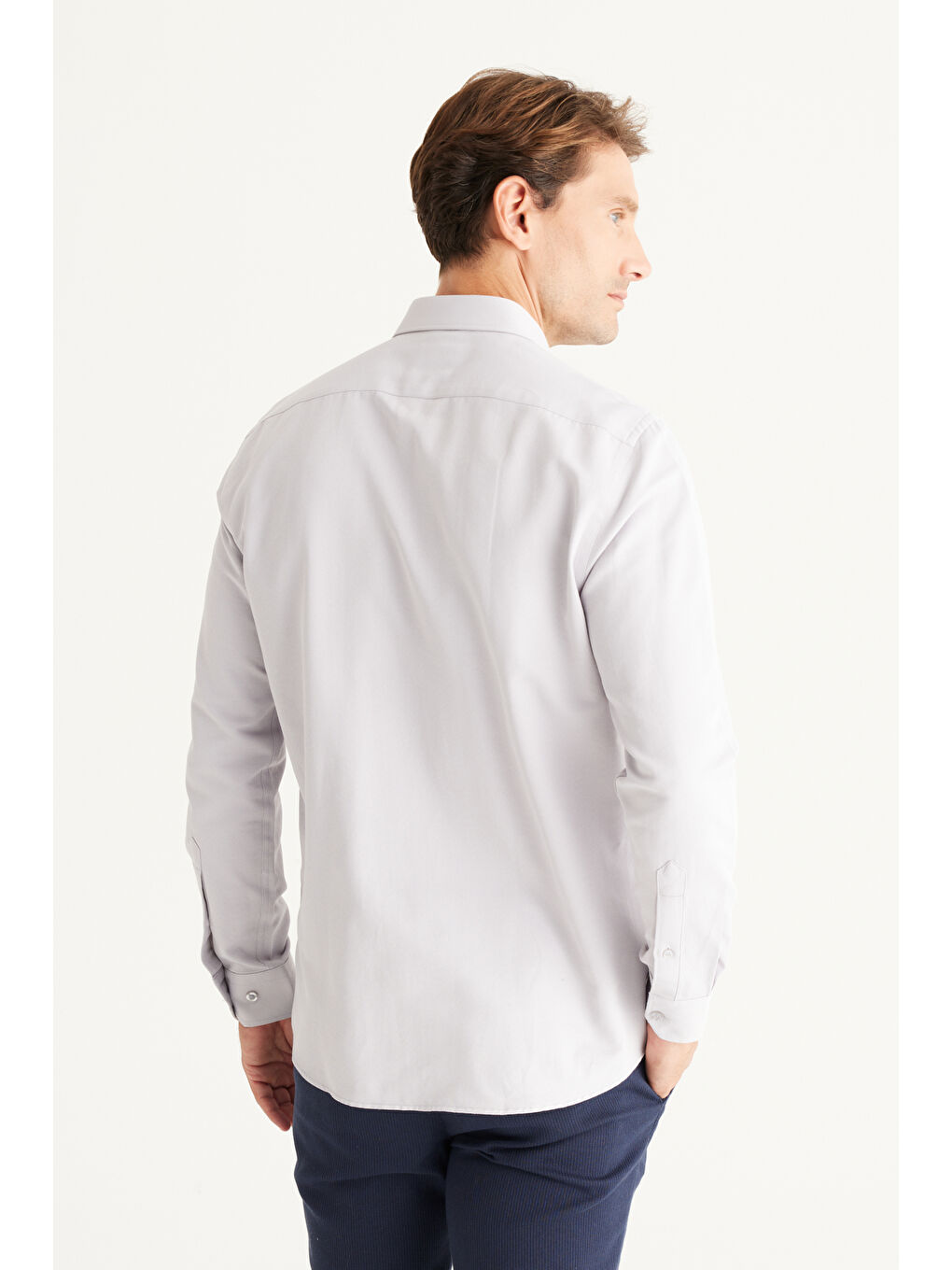 Erkek Gri Kolay Ütülenebilir Slim Fit Dar Kesim İtalyan Yaka Armürlü Basic Gömlek-7