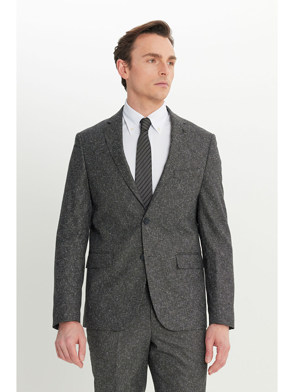 Erkek Siyah-Gri Slim Fit Mono Yaka Kapak Cepli Tweet Desenli Esnek Takım Elbise