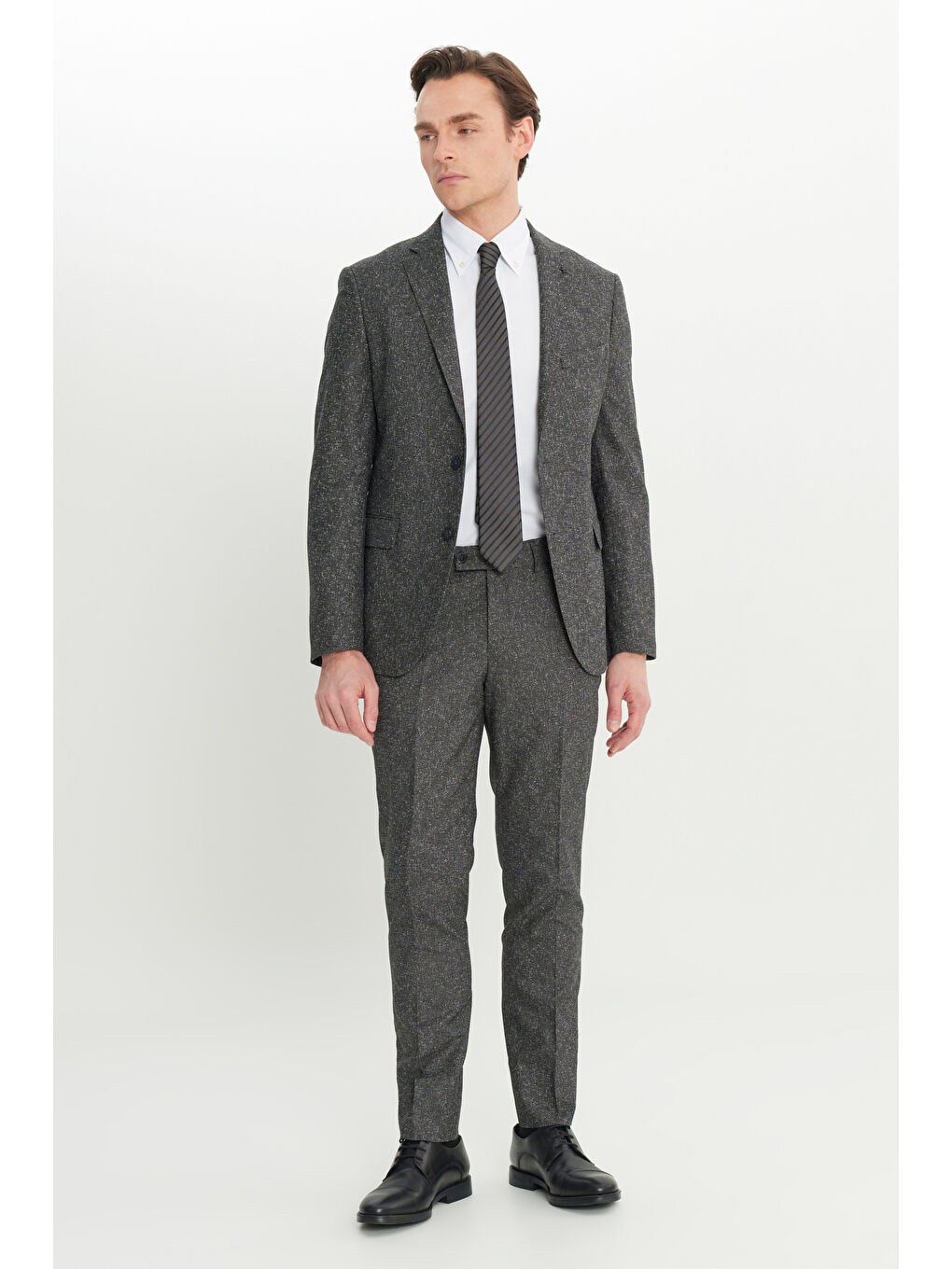 Erkek Siyah-Gri Slim Fit Mono Yaka Kapak Cepli Tweet Desenli Esnek Takım Elbise-1