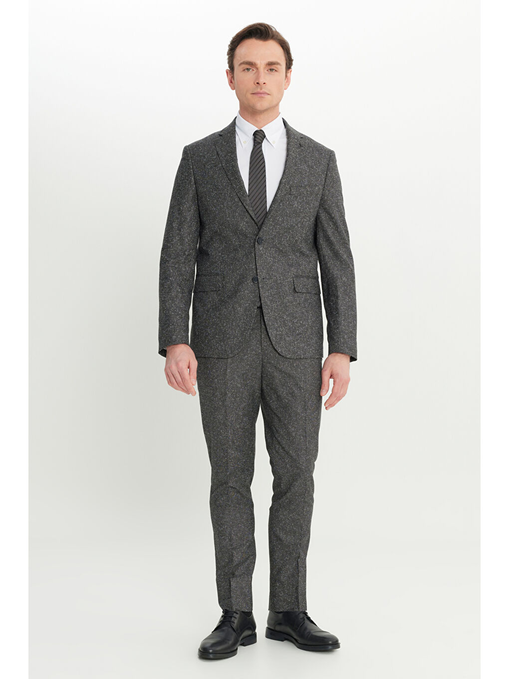 Erkek Siyah-Gri Slim Fit Mono Yaka Kapak Cepli Tweet Desenli Esnek Takım Elbise-3