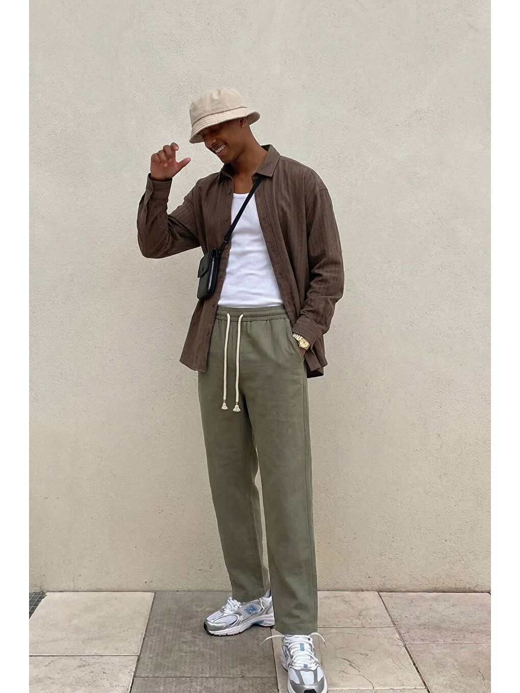 Erkek Baggy Fit Halat Kordonlu Keten Görünümlü Pantolon Haki-2