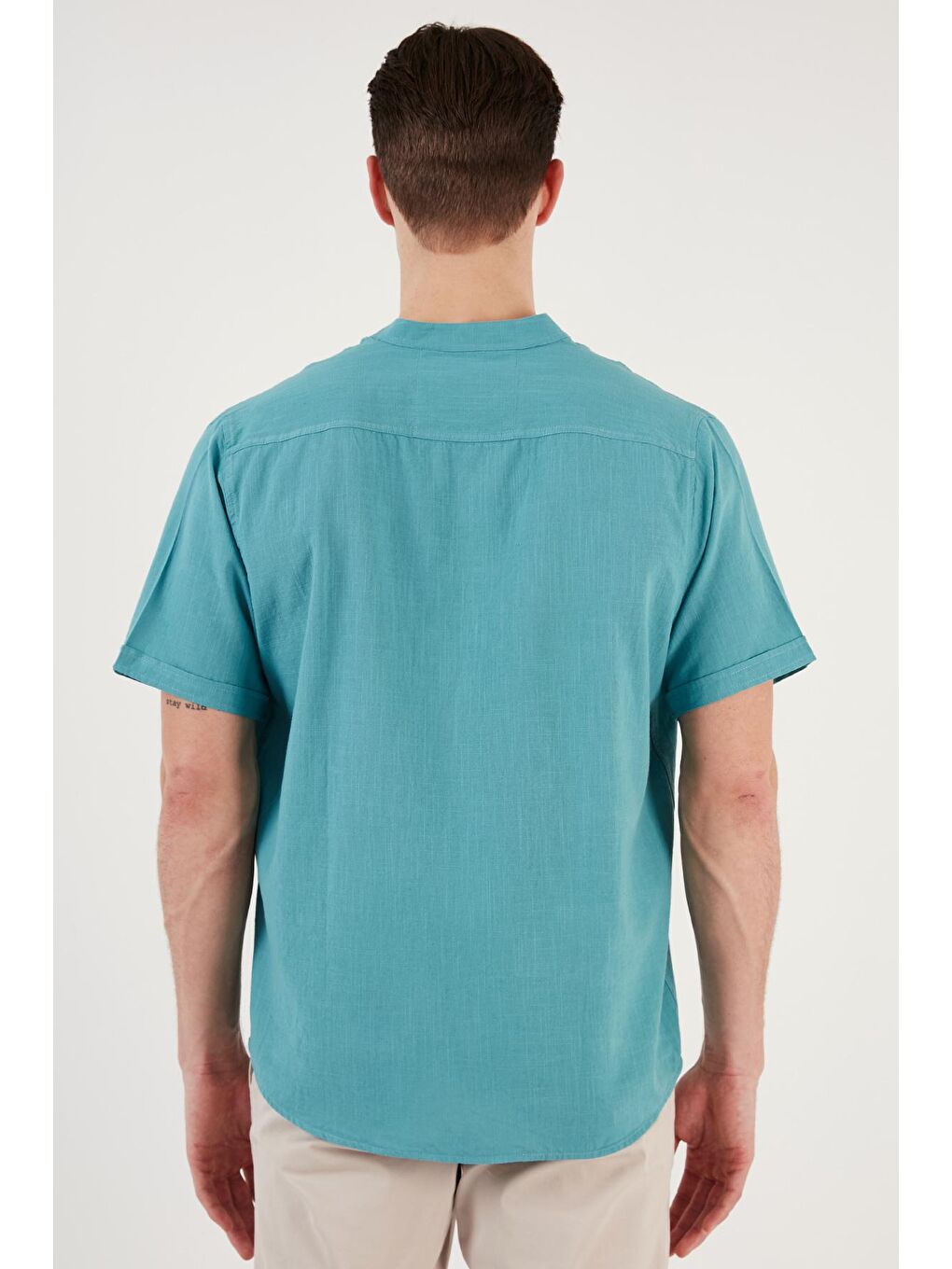 Petrol Keten Görünümlü Hakim Yaka Kısa Kol %100 Pamuk Erkek Gömlek CF21S113899-5