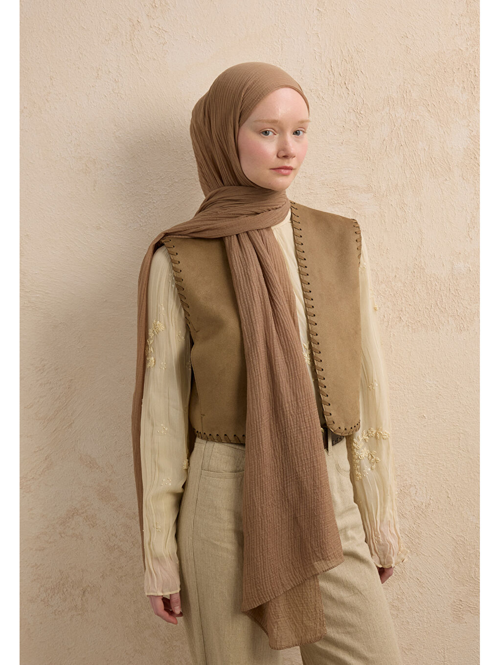 Bej Modal Krinkıl Şal Nude-2