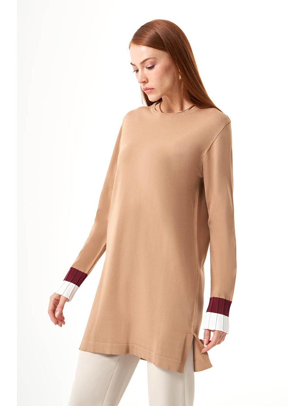 Mizalle Deve Tüyü Kol Piliseli Rayon Triko Camel-Beyaz Tunik - 1