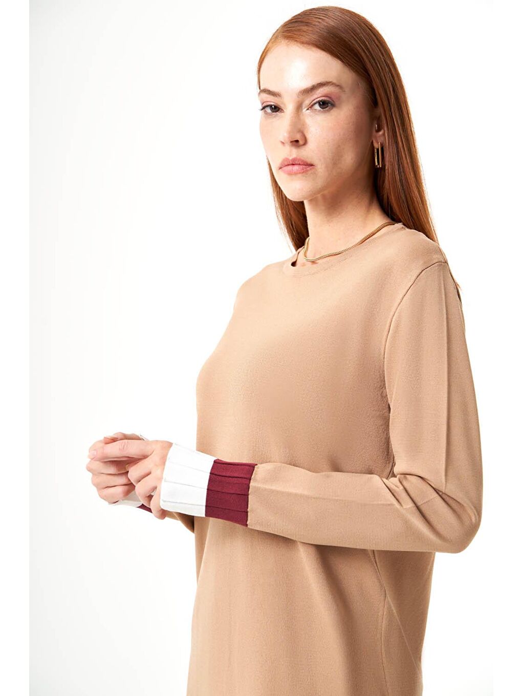 Mizalle Deve Tüyü Kol Piliseli Rayon Triko Camel-Beyaz Tunik - 2