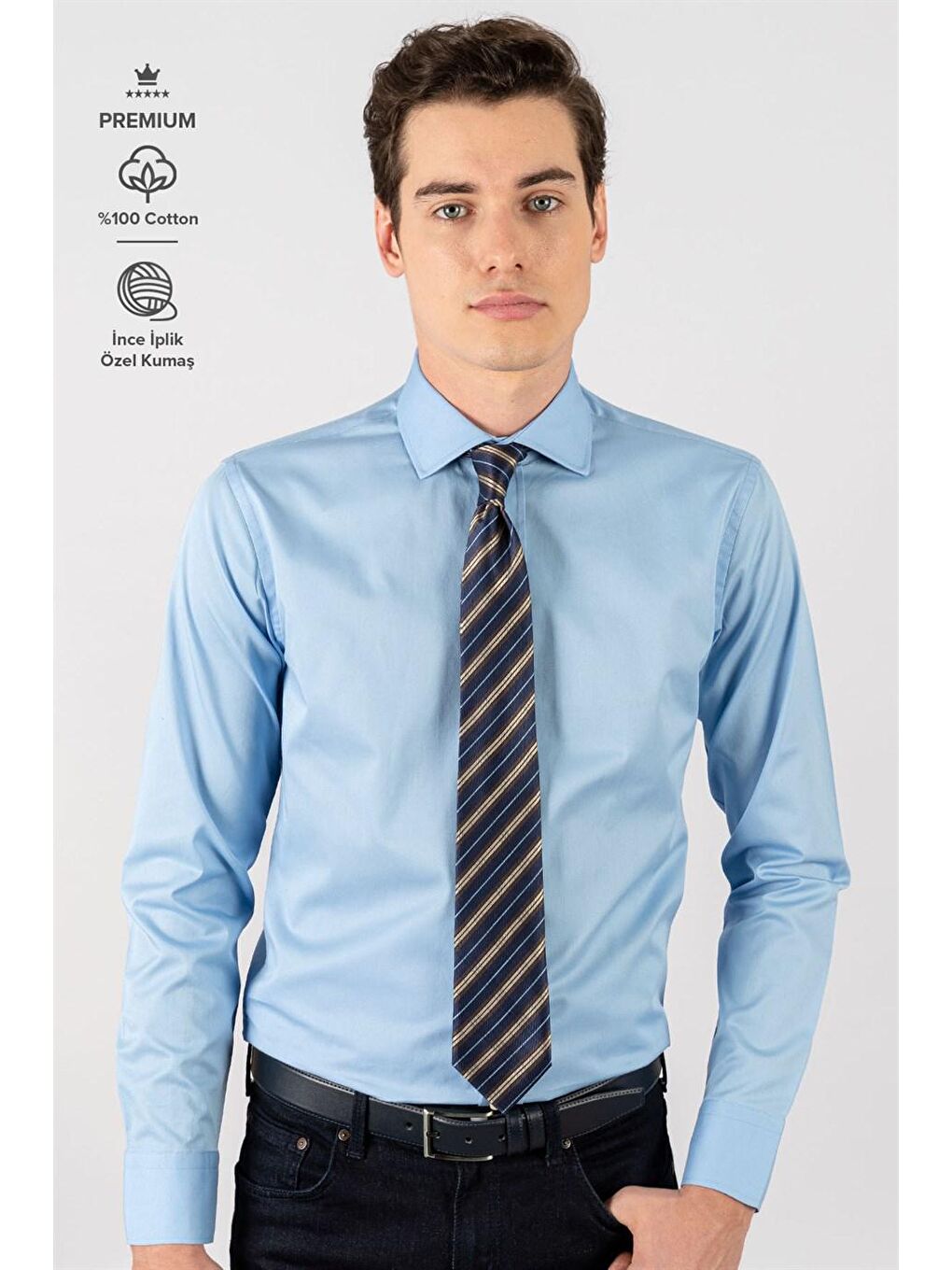 Slim Fit Premium Seri %100 Cotton Erkek Mavi Gömlek-1