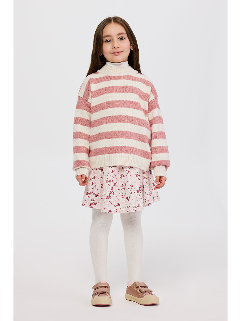 Kız Çocuk Çizgili Triko Pembe Kazak