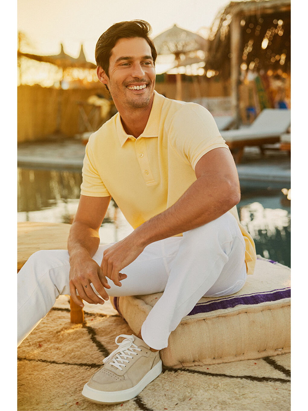 Erkek Sarı Slim Fit Dar Kesim Polo Yaka %100 Pamuk Kısa Kollu Tişört