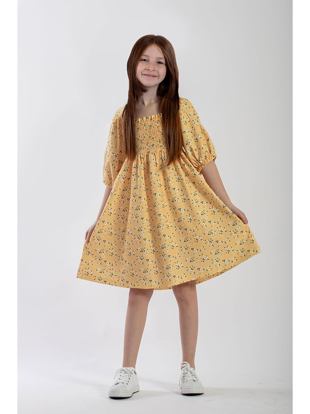 Sarı Gipeli Desenli Kız Çocuk Elbise