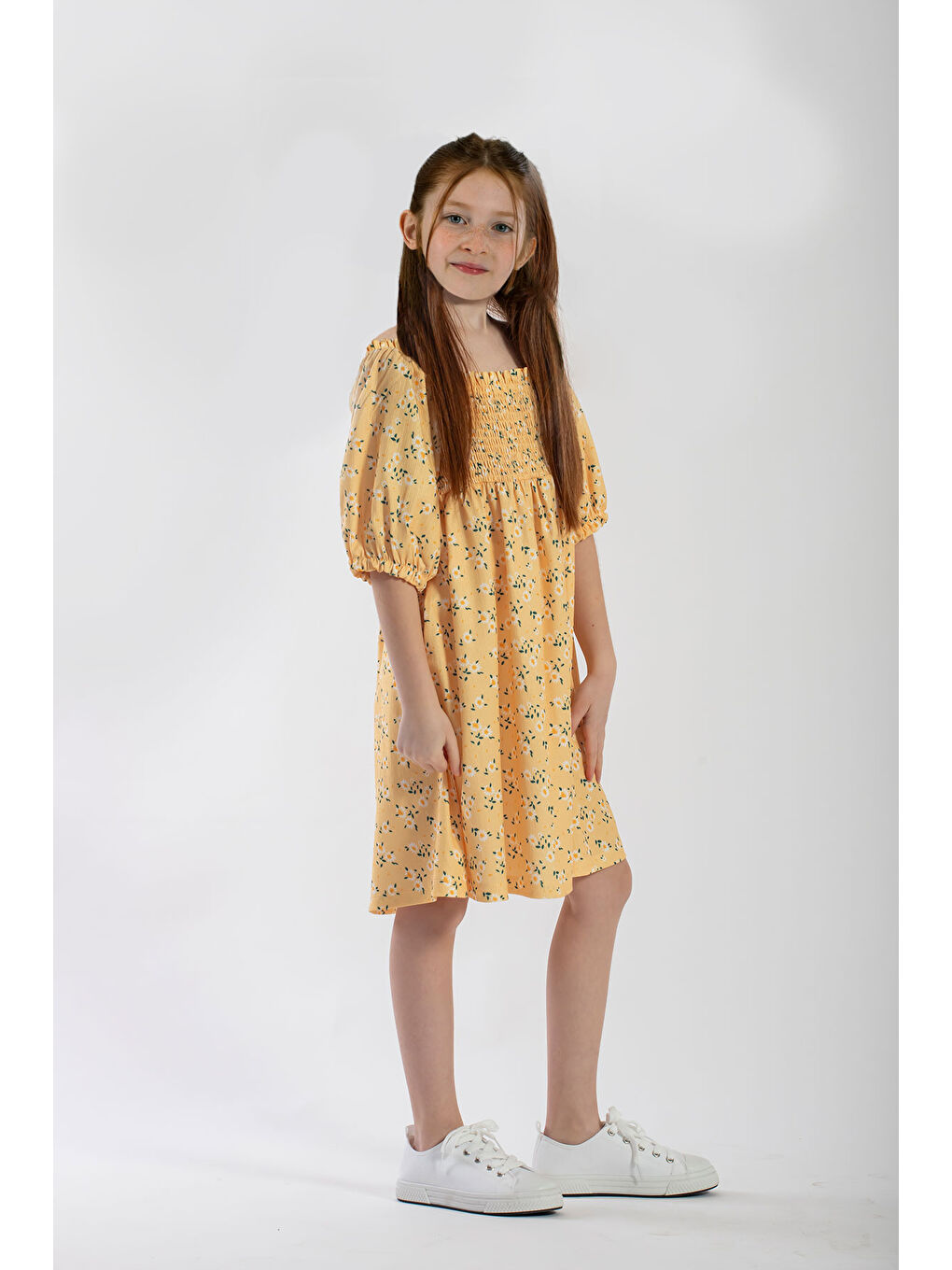 Sarı Gipeli Desenli Kız Çocuk Elbise-1