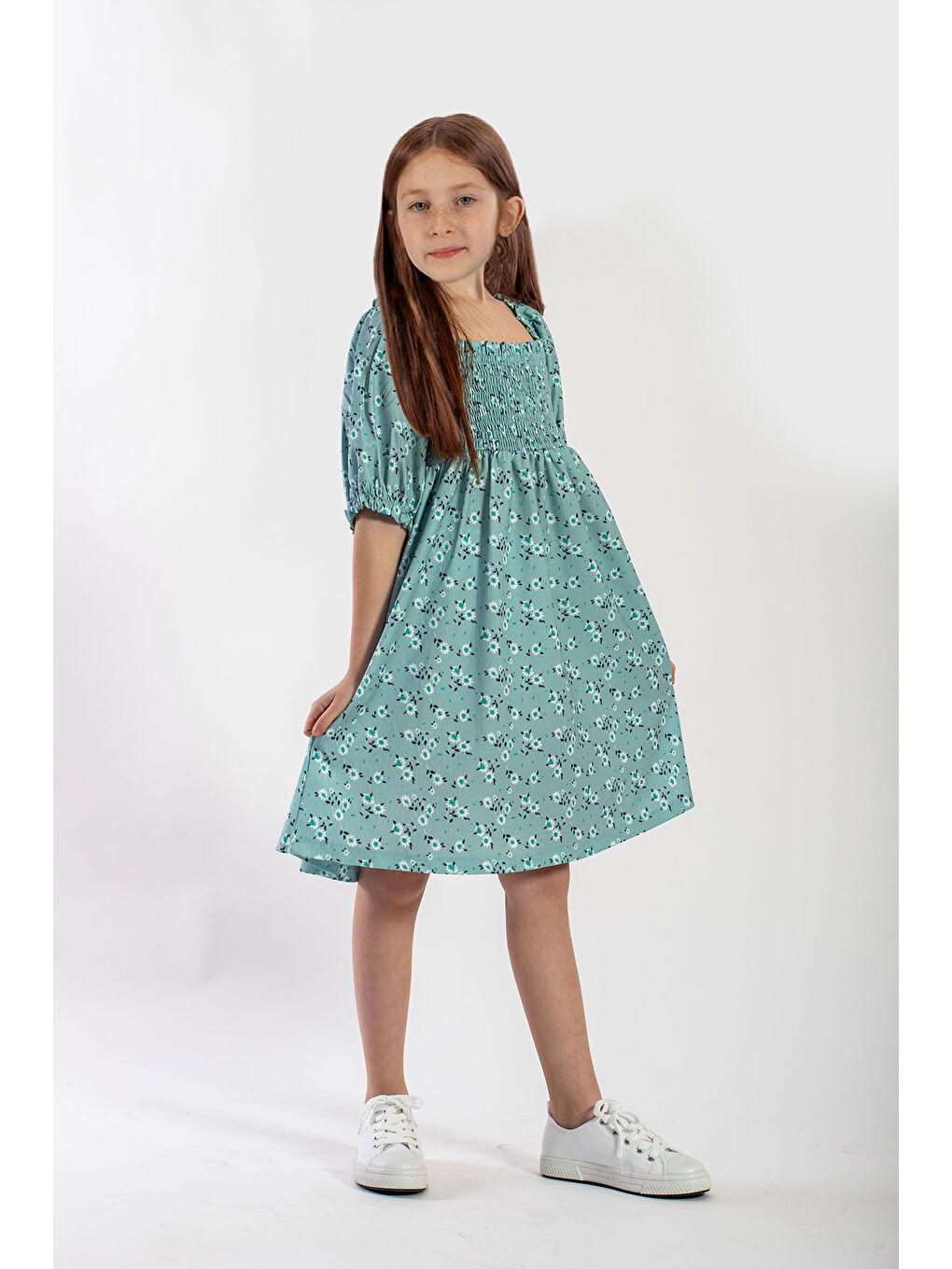 Yeşil Gipeli Desenli Kız Çocuk Elbise-1