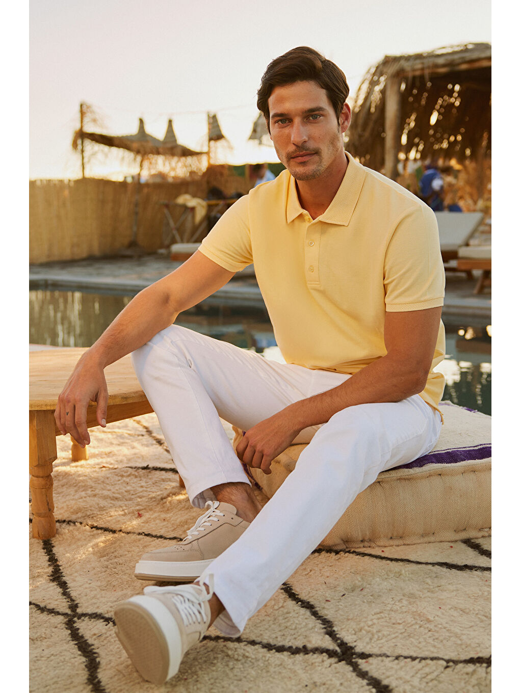 Erkek Sarı Slim Fit Dar Kesim Polo Yaka %100 Pamuk Kısa Kollu Tişört-2