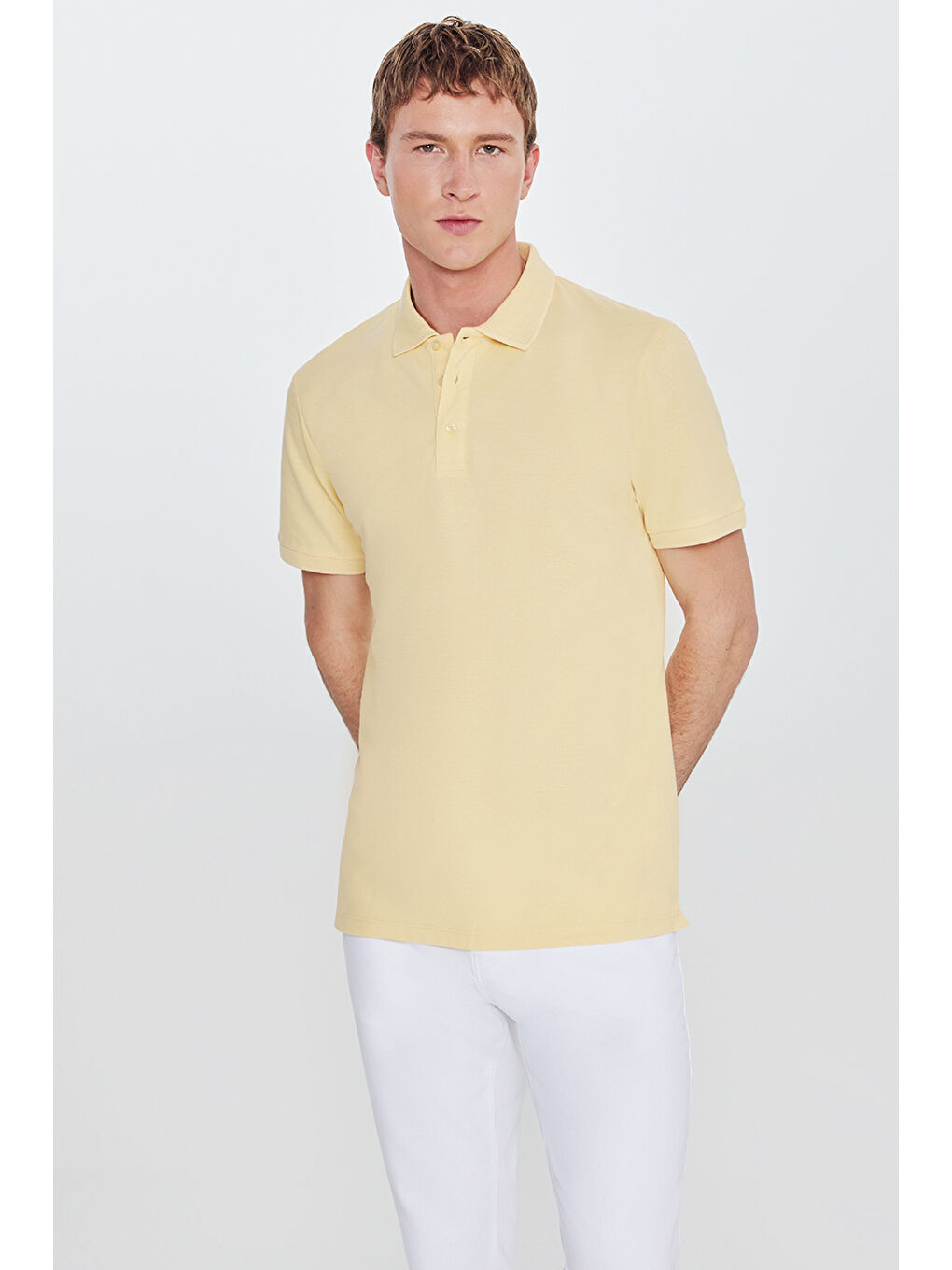 Erkek Sarı Slim Fit Dar Kesim Polo Yaka %100 Pamuk Kısa Kollu Tişört-8