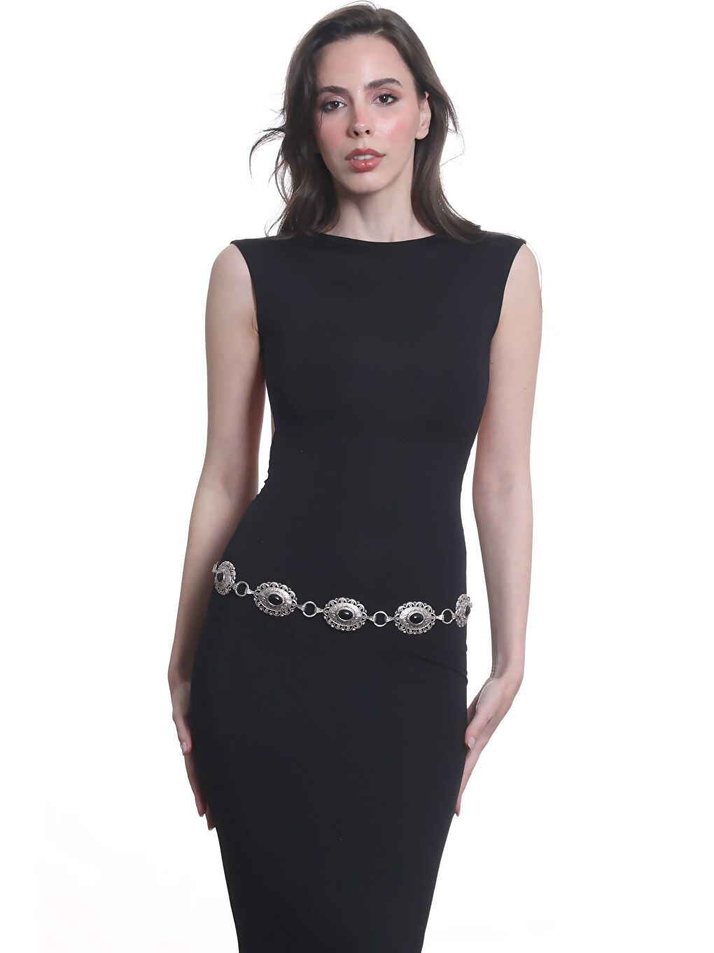 Gri Kadın Antik Gümüş Kaplama Siyah Boncuklu Bohem Bel Kemeri, Bel Kolyesi-2