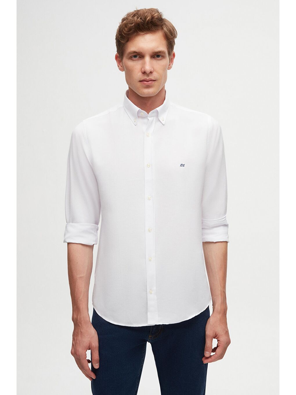 Slim Fit Beyaz Oxford Düğmeli Yaka Kolay Ütülenebilir Nakış Detaylı Pamuklu Gömlek-7