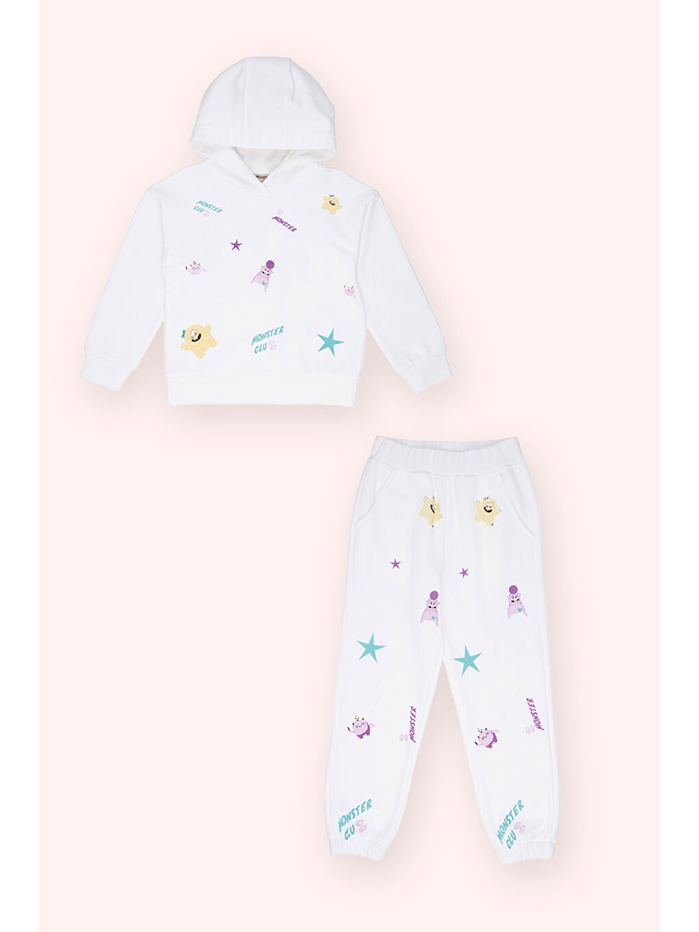 Kız Çocuk Beyaz Desenli 2'li Eşofman Takım