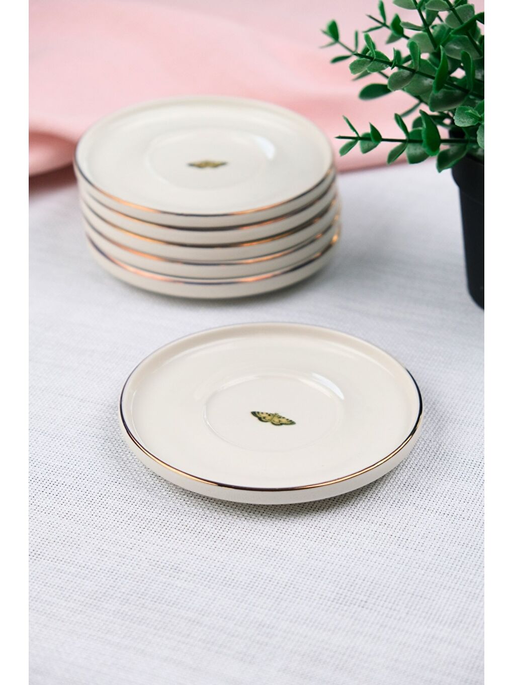 Beyaz Porselen Natura Altın Yaldız Çay Tabağı Kelebek 12,5cm 6 lı-2