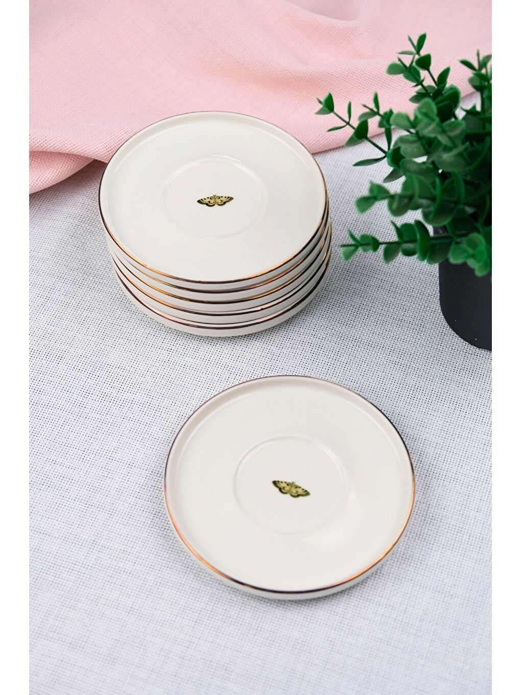 Beyaz Porselen Natura Altın Yaldız Çay Tabağı Kelebek 12,5cm 6 lı-3