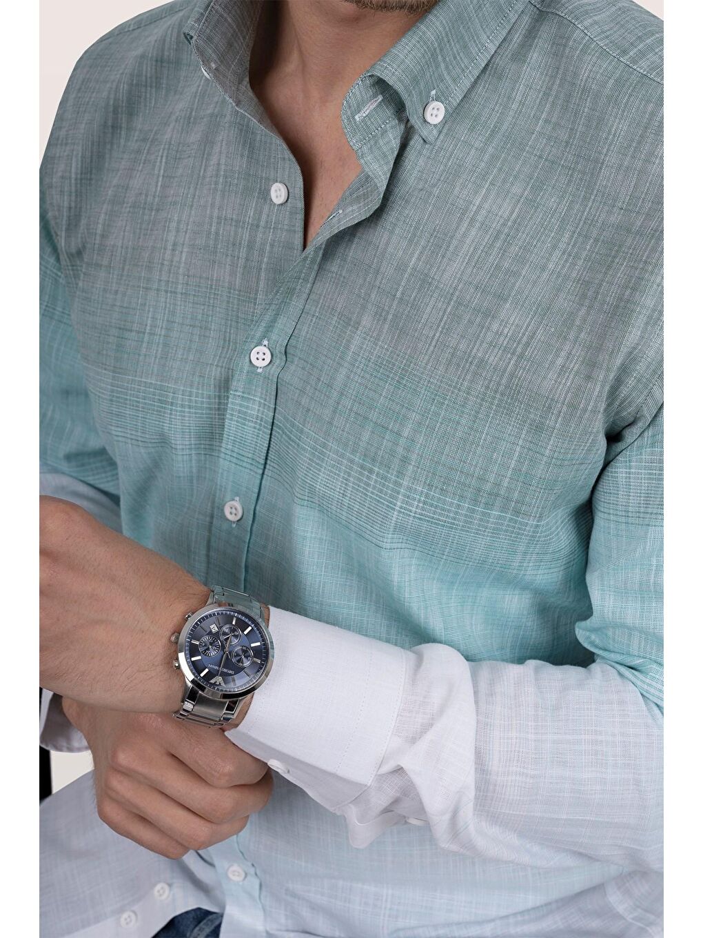 Panolu Yeşil Beyaz Geçişli Keten Slimfit Erkek %100 Pamuk Gömlek