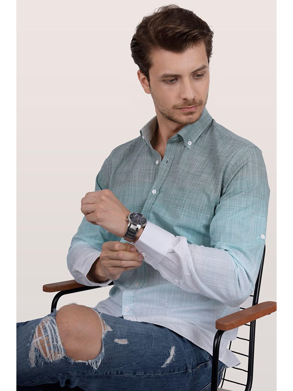 Panolu Yeşil Beyaz Geçişli Keten Slimfit Erkek %100 Pamuk Gömlek-1