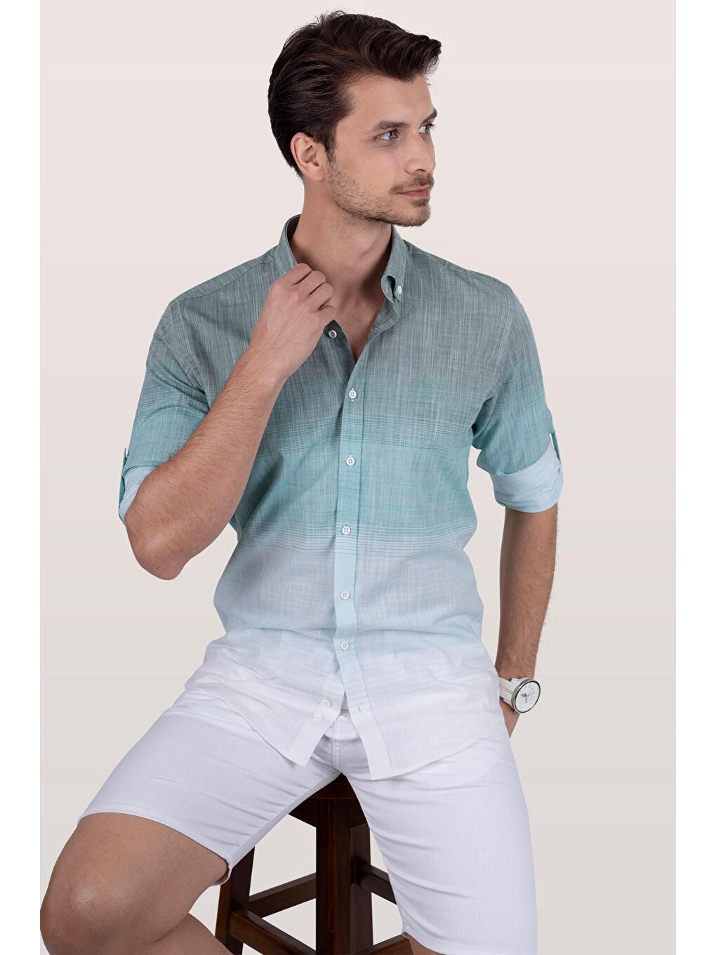 Panolu Yeşil Beyaz Geçişli Keten Slimfit Erkek %100 Pamuk Gömlek-2