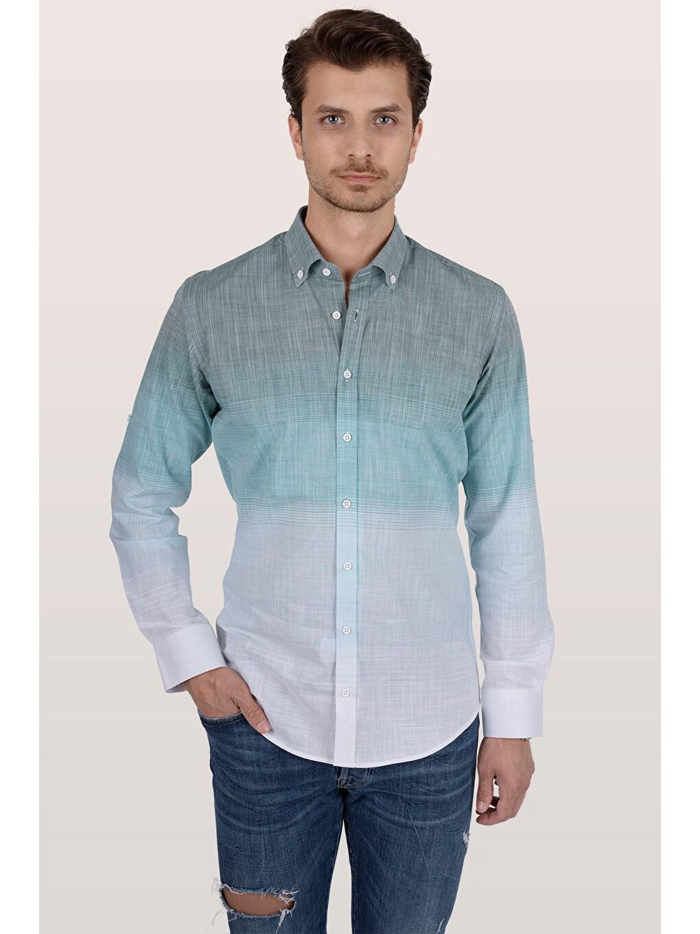 Panolu Yeşil Beyaz Geçişli Keten Slimfit Erkek %100 Pamuk Gömlek-5