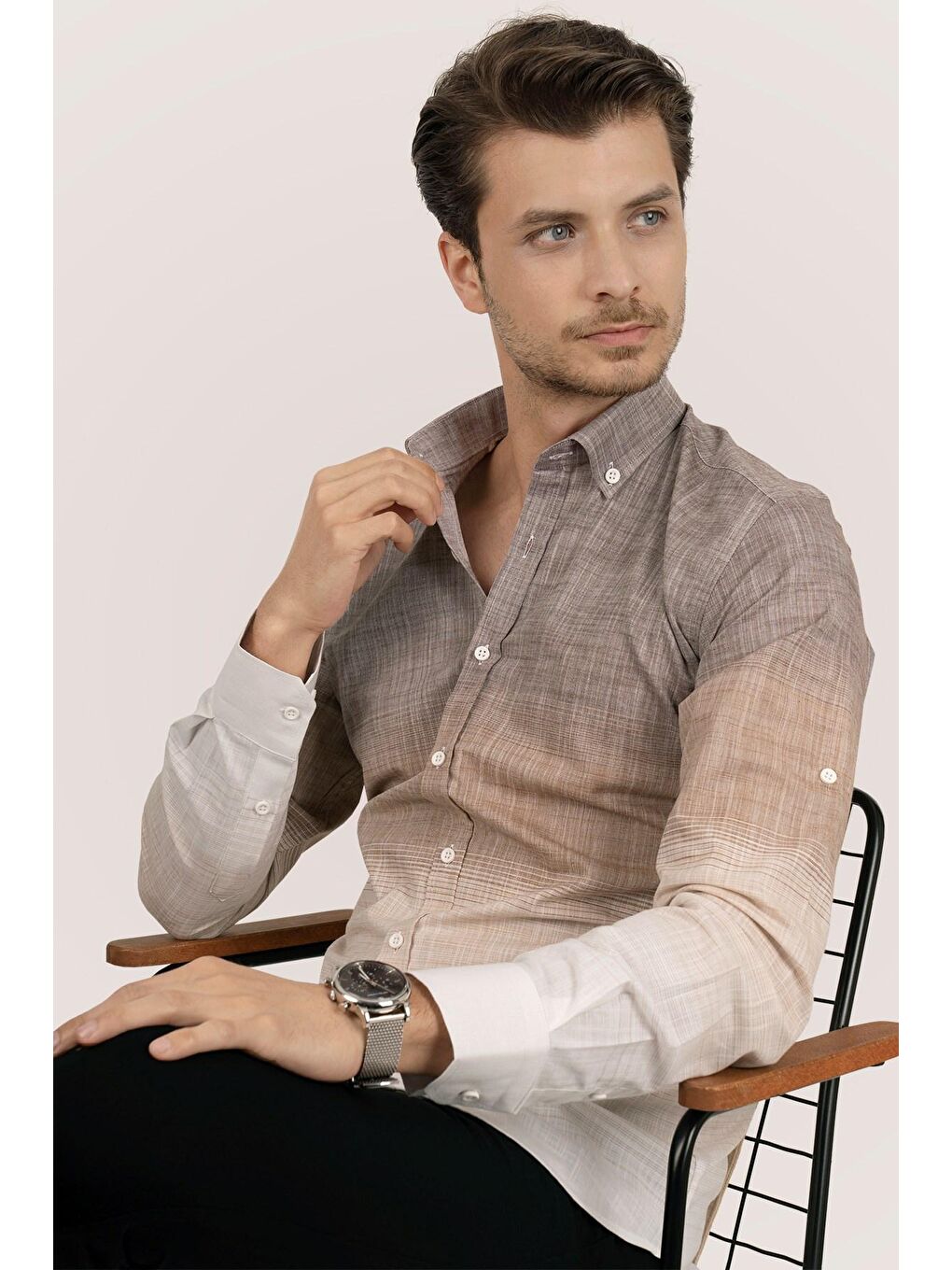 Kahverengi Panolu Kahve Bej Geçişli Keten Slimfit Erkek Gömlek-2