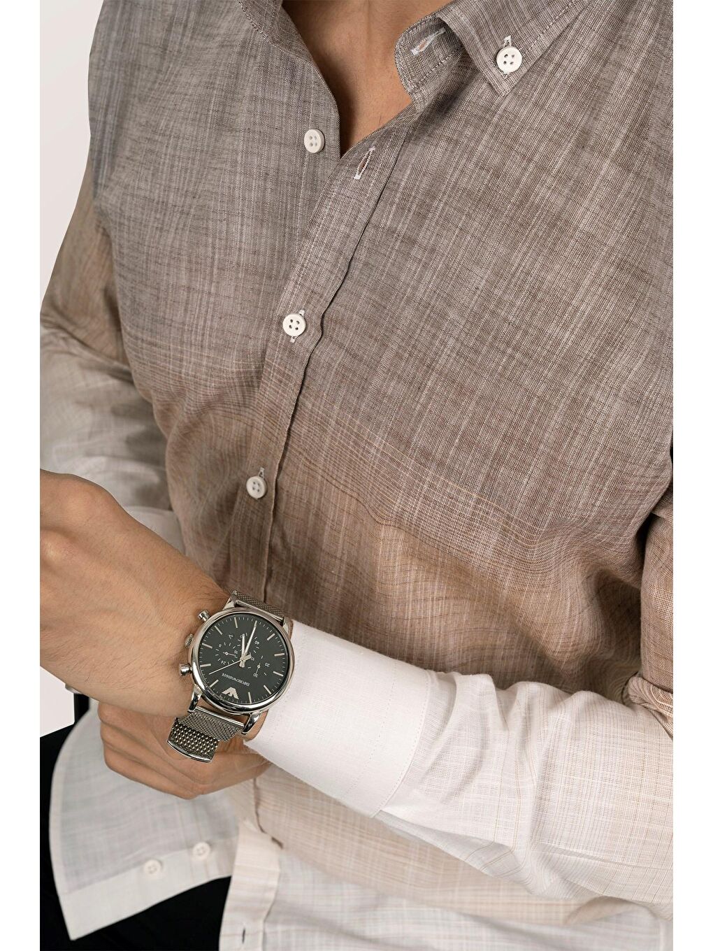 Kahverengi Panolu Kahve Bej Geçişli Keten Slimfit Erkek Gömlek