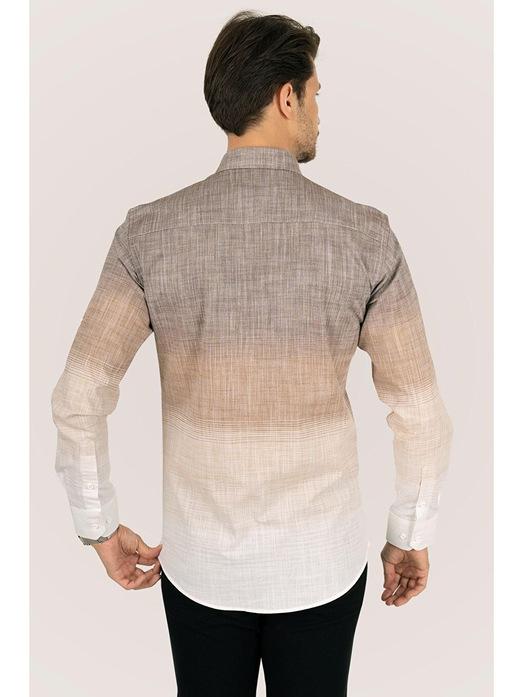 Kahverengi Panolu Kahve Bej Geçişli Keten Slimfit Erkek Gömlek-4