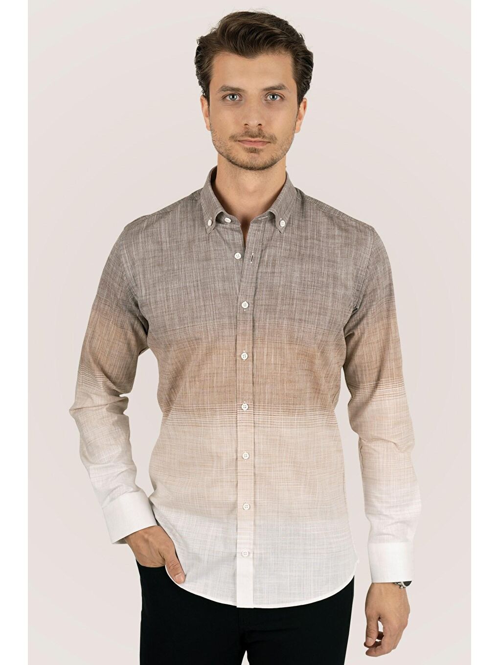 Kahverengi Panolu Kahve Bej Geçişli Keten Slimfit Erkek Gömlek-5