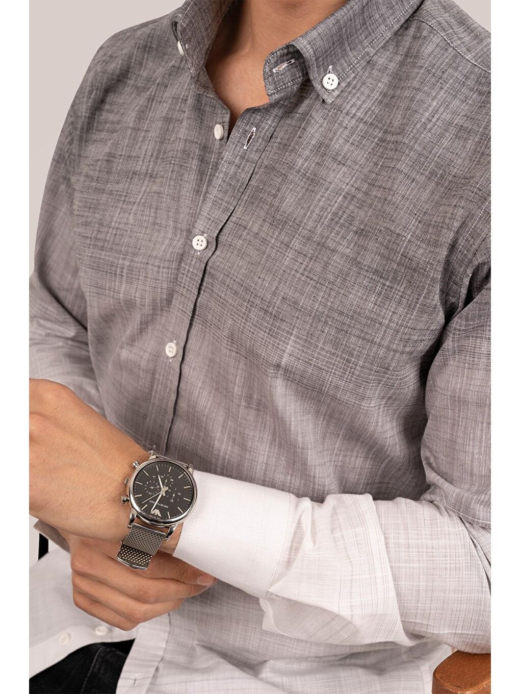 Panolu Gri Beyaz Geçişli Keten Slimfit Erkek Gömlek
