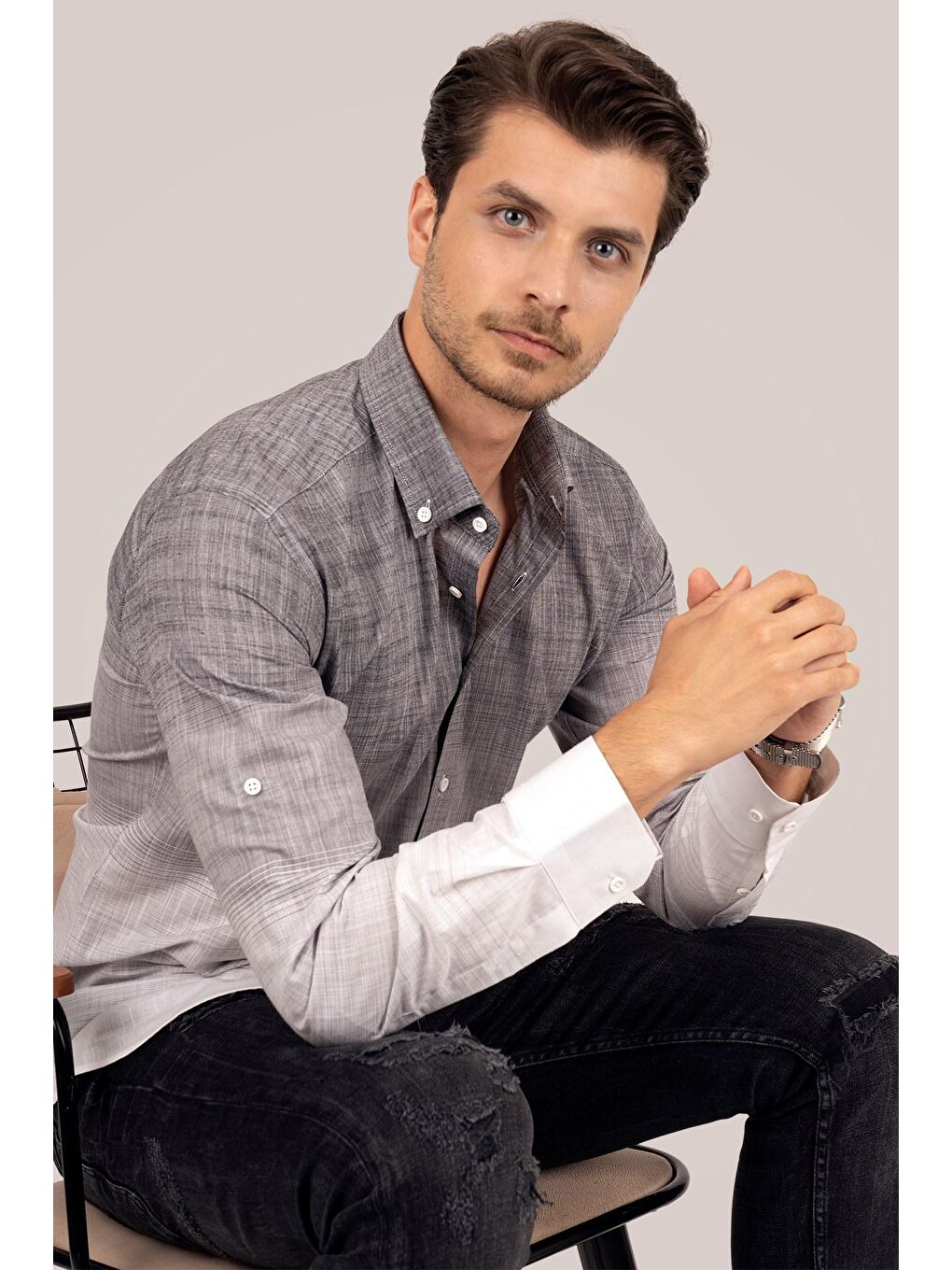 Panolu Gri Beyaz Geçişli Keten Slimfit Erkek Gömlek-2