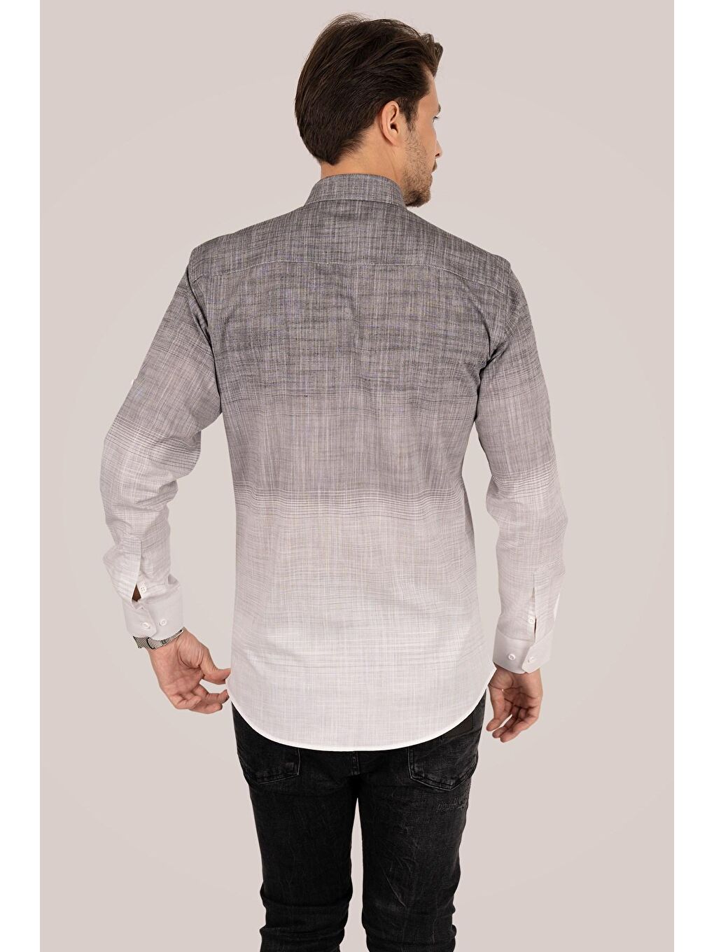Panolu Gri Beyaz Geçişli Keten Slimfit Erkek Gömlek-4