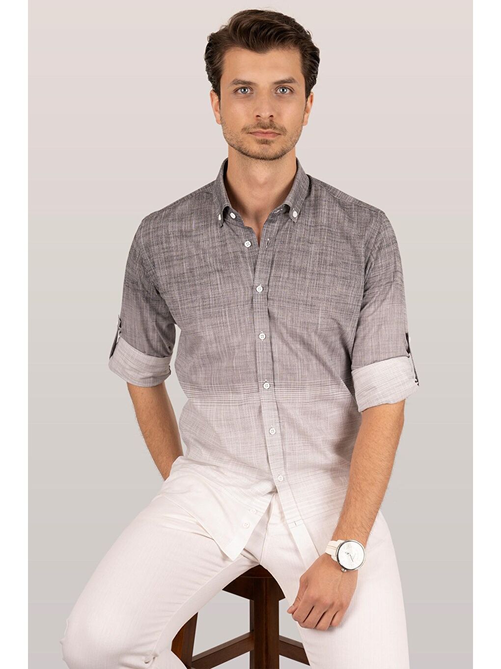 Panolu Gri Beyaz Geçişli Keten Slimfit Erkek Gömlek-5