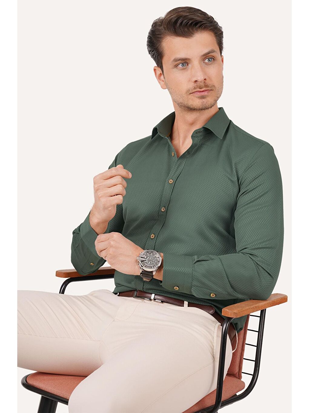 Kaktüs Yeşili Kahve Düğmeli Slimfit Erkek Gömlek-1