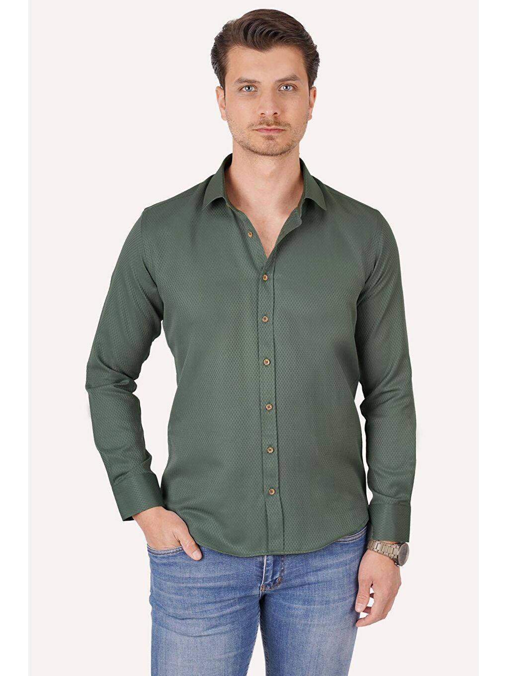 Kaktüs Yeşili Kahve Düğmeli Slimfit Erkek Gömlek-2