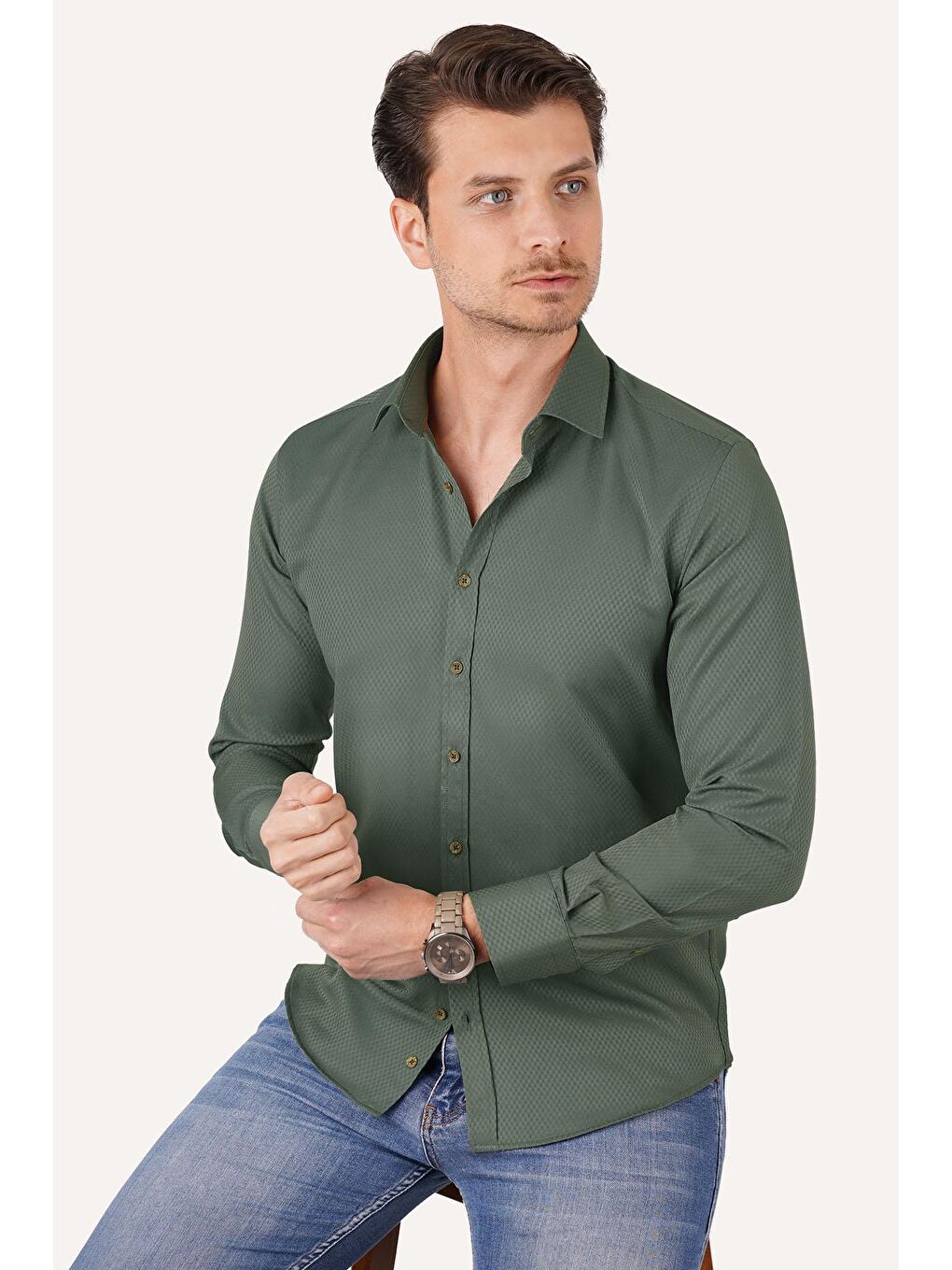 Kaktüs Yeşili Kahve Düğmeli Slimfit Erkek Gömlek-4
