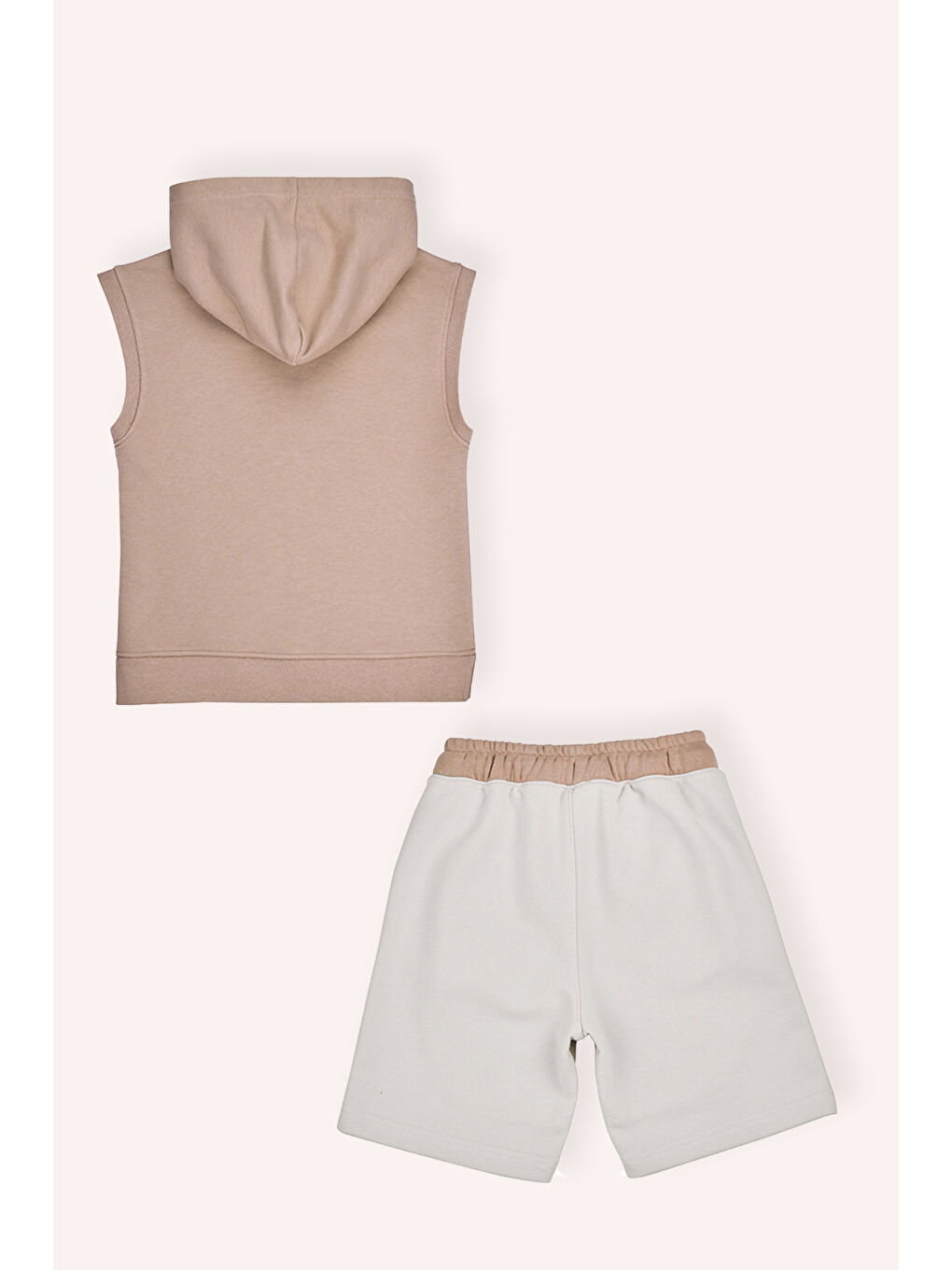 Bej Erkek Çocuk Kapüşonlu Sıfır Kol Şortlu Vizon 2'li Takım-1