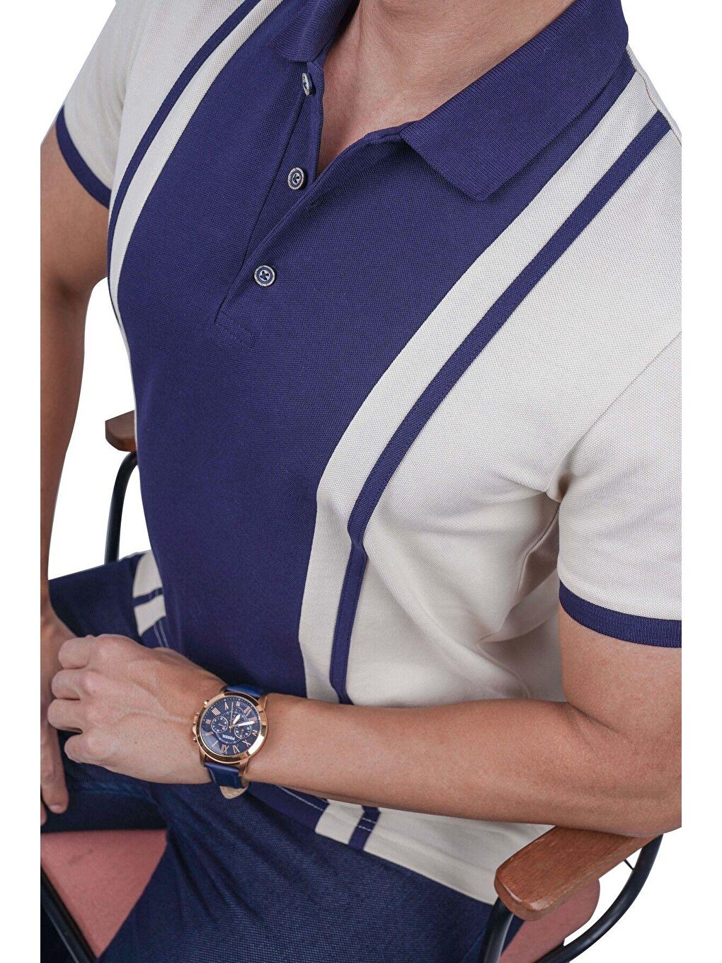 Bej Lacivert Çift Renkli Erkek Polo Yaka Tişört