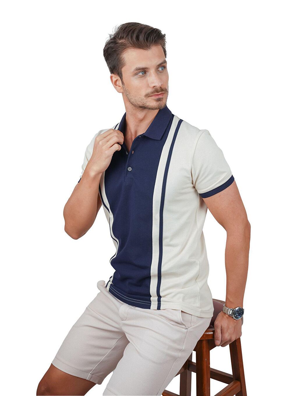 Bej Lacivert Çift Renkli Erkek Polo Yaka Tişört-1