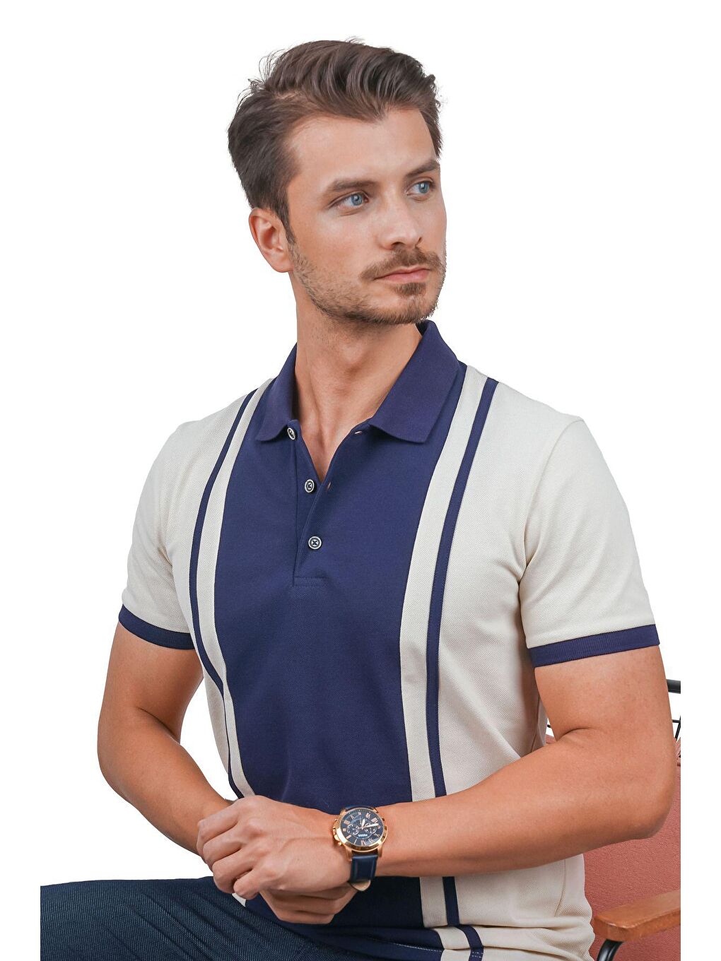 Bej Lacivert Çift Renkli Erkek Polo Yaka Tişört-2