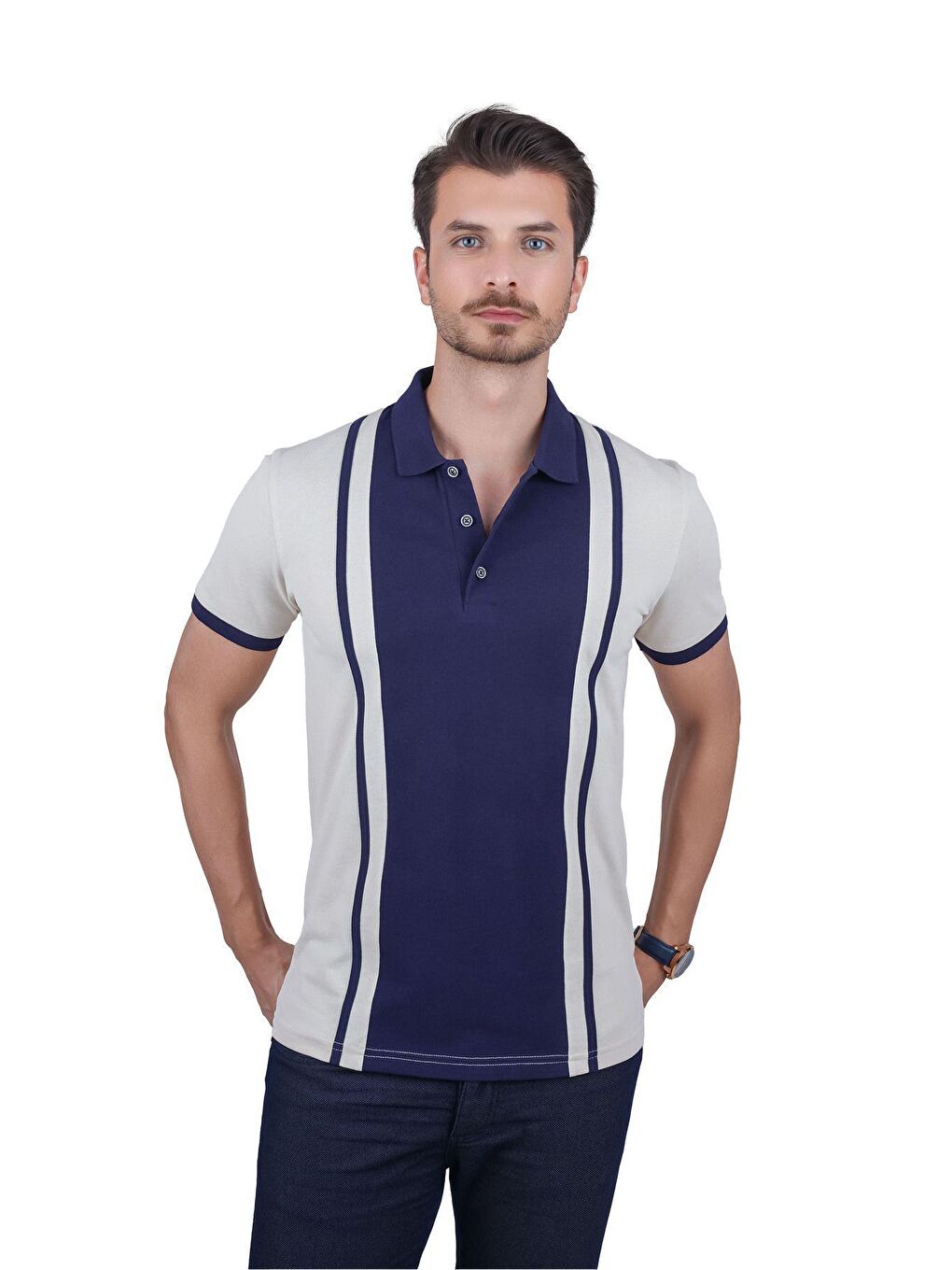 Bej Lacivert Çift Renkli Erkek Polo Yaka Tişört-4