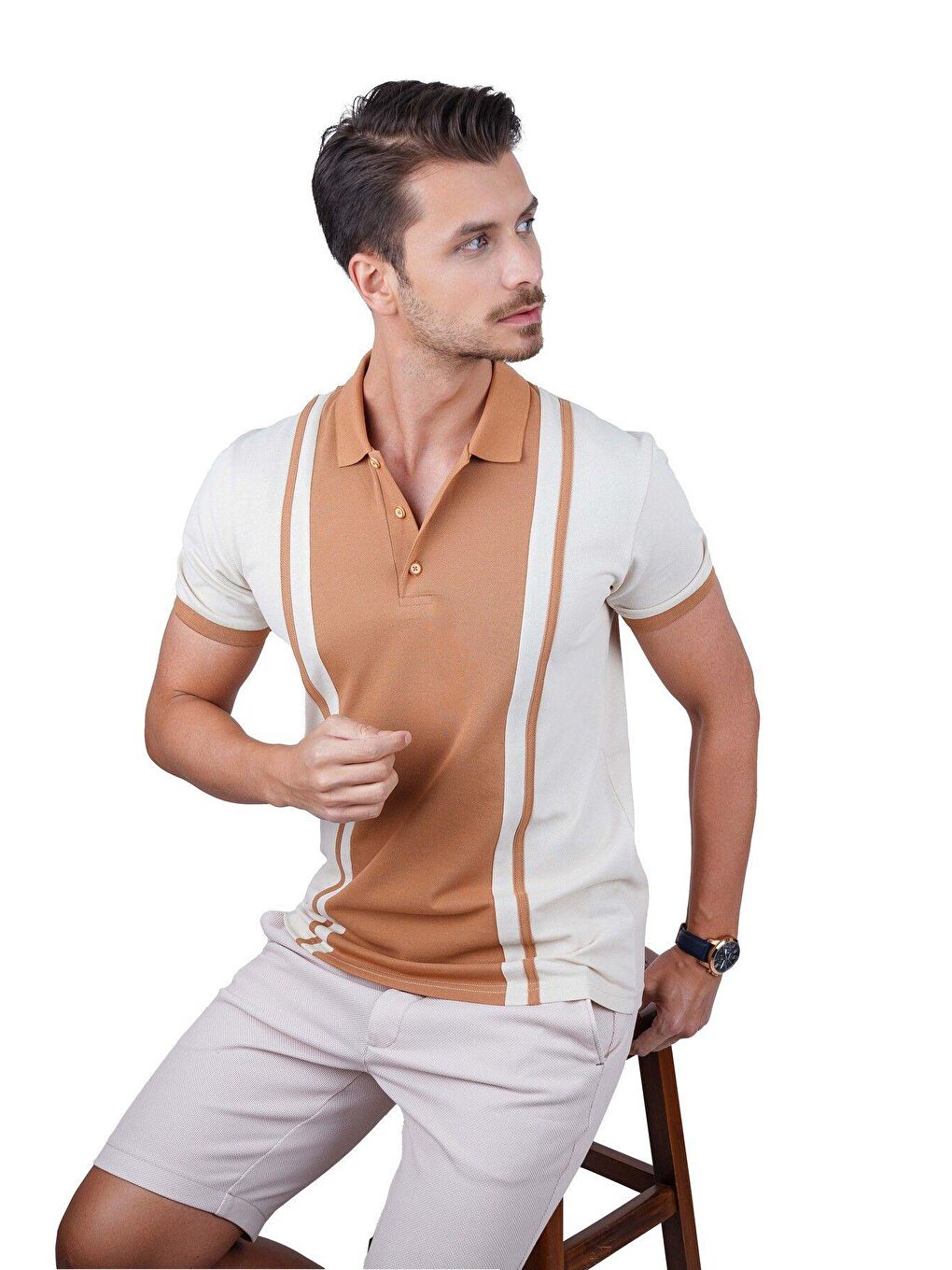 Kahverengi Bej Taba Çift Renkli Erkek Polo Yaka Tişört-1