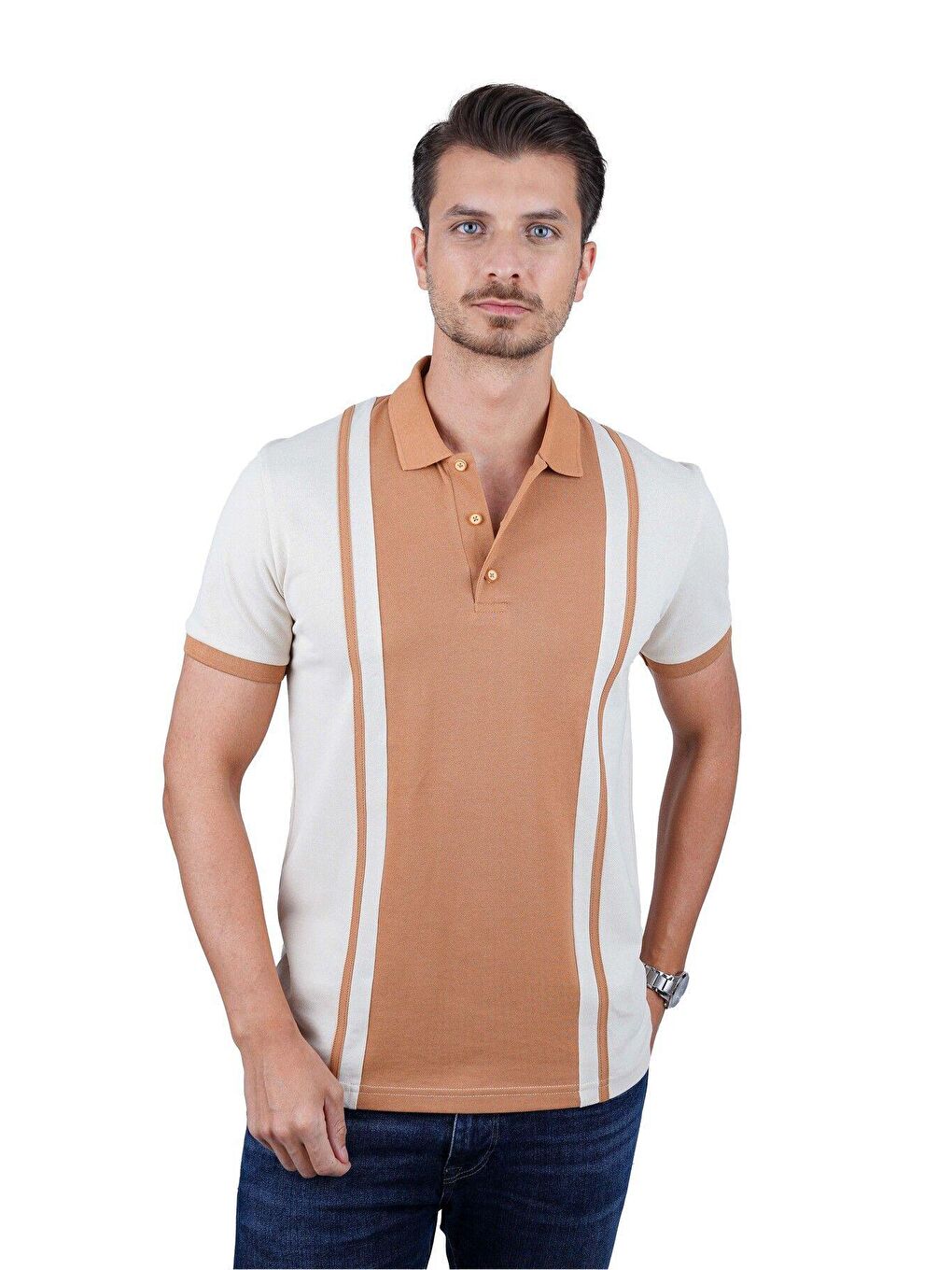 Kahverengi Bej Taba Çift Renkli Erkek Polo Yaka Tişört-2